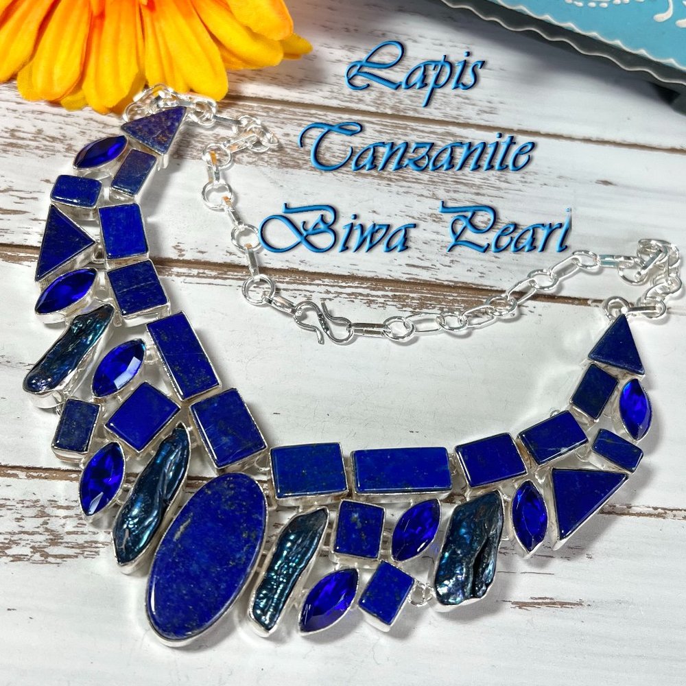Lapis Lazuli Necklace Biwa Pearl Tanzanite Large Handmade 925 Silver Boho Ethnic